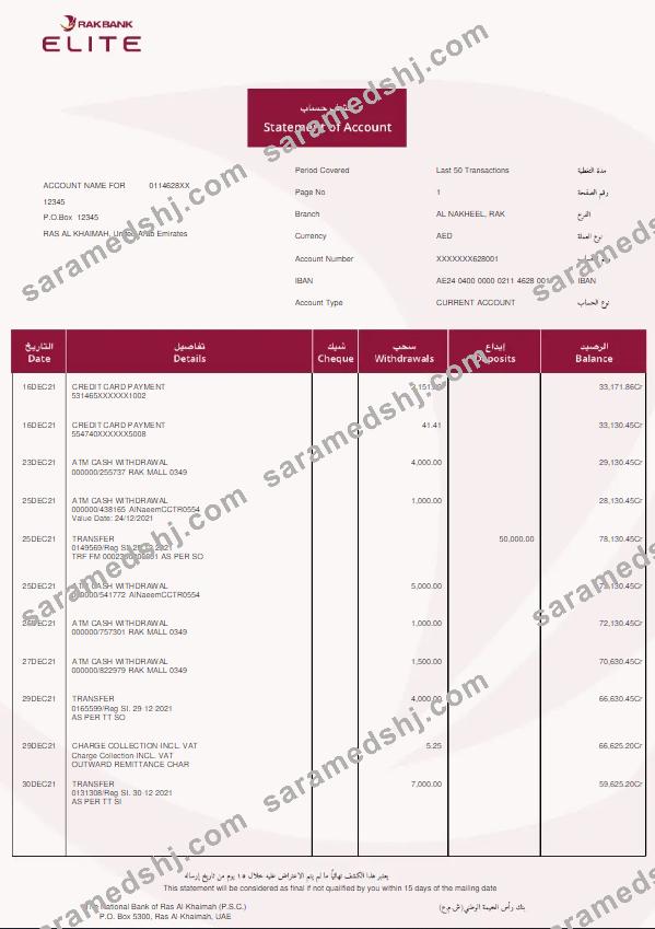 UAE Rakbank Elite bank statement Word and PDF template w